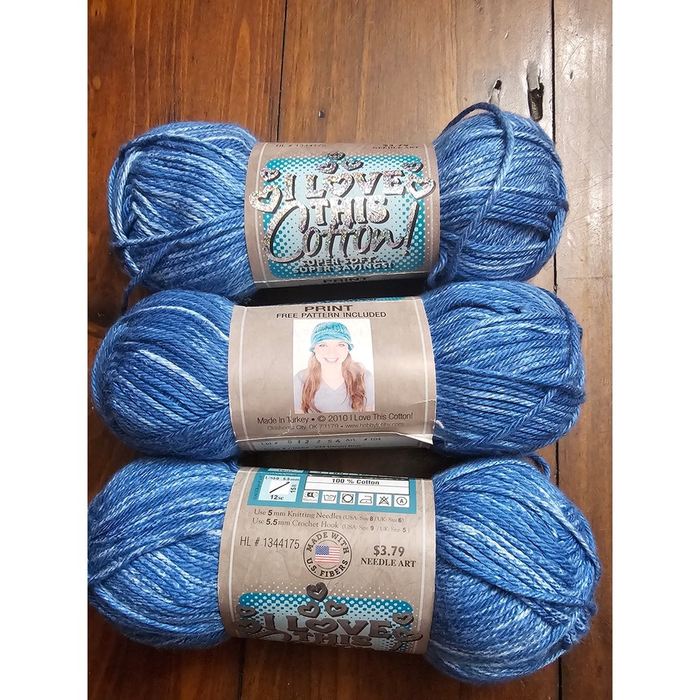 3 Skeins I Love This Cotton Yarn 334 Denim Blue Print 100% Cotton 153 Yards Each